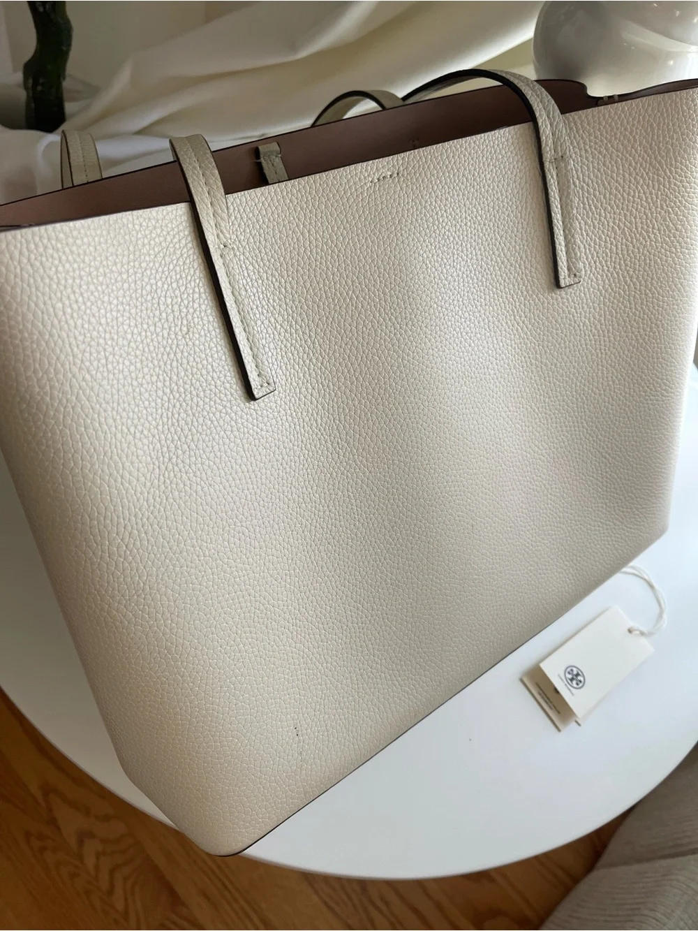 Tory Burch Cream Pebbled Leather Tote with Gold Logo